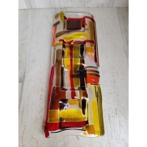 Unique glass art piece square patterned vintage red yellow home decor figure